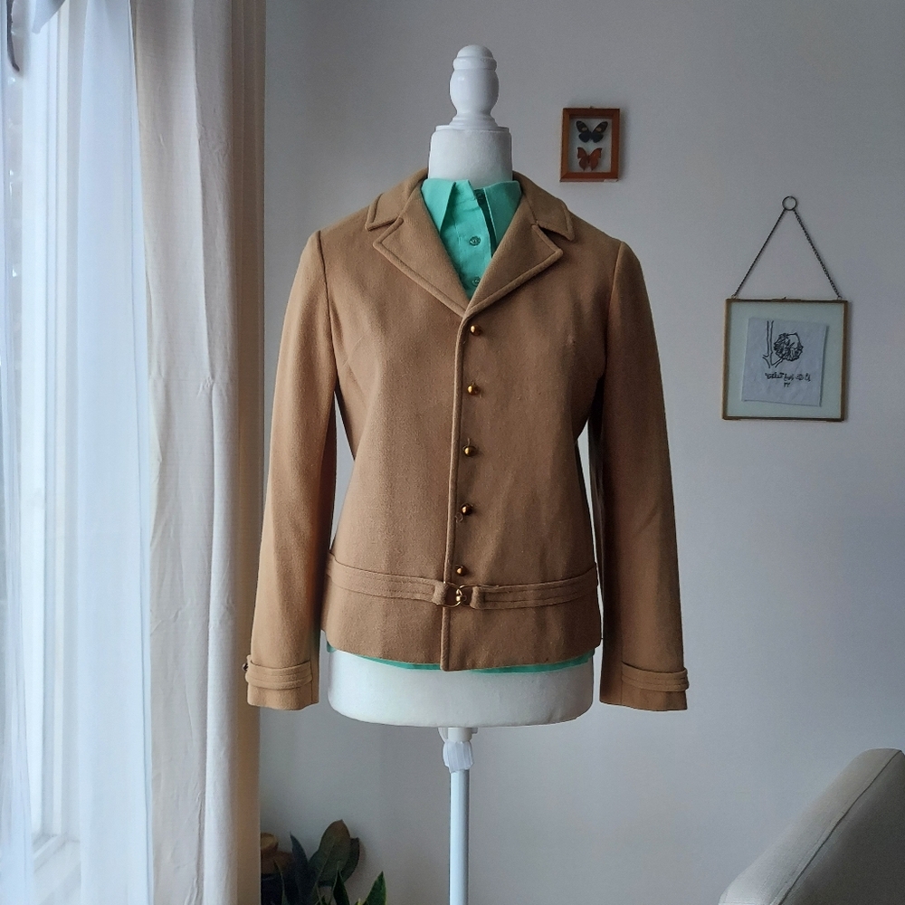 Vintage 60s Wool Coat Bobbie Brooks Small Tan All Weather Horse Buckle